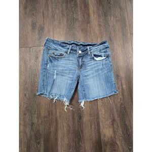 Y2K American Eagle Stretch Denim Cut Off Shorts Medium Wash Distressed Womens 2